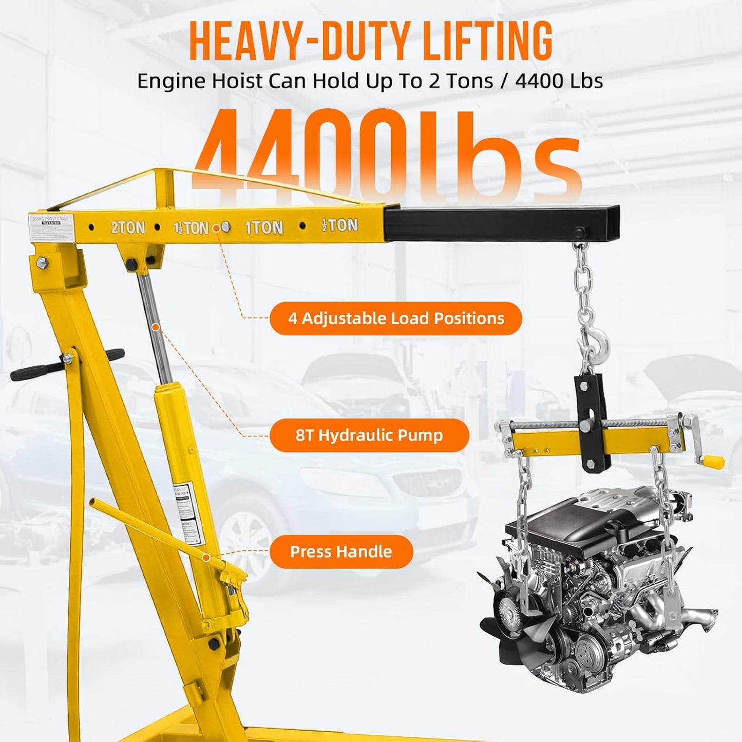 2 Ton Folding Engine Hoist with Lever, Cherry Picker Shop Crane Hoist Lift, 4400 Lbs Heavy Duty Steel Hydraulic Shop Engine Crane for Workshop and Garage, Yellow