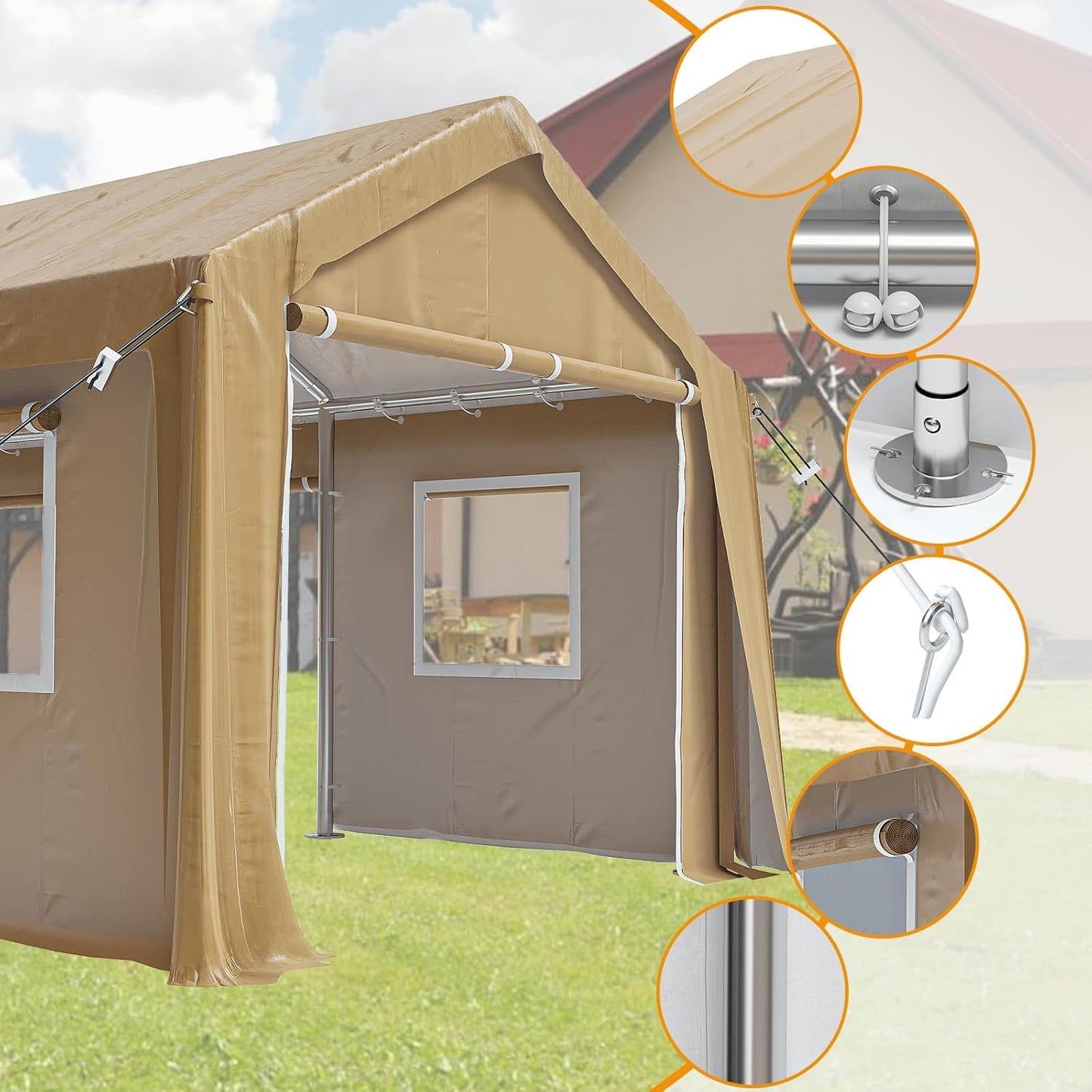 13x20ft Heavy Duty Carport Outdoor Canopy Portable Garage with 4 Doors & 4 Windows Waterproof UV Resistant Storage Shelter with Removable Sidewalls for Car Truck Boat, Earthy Yellow