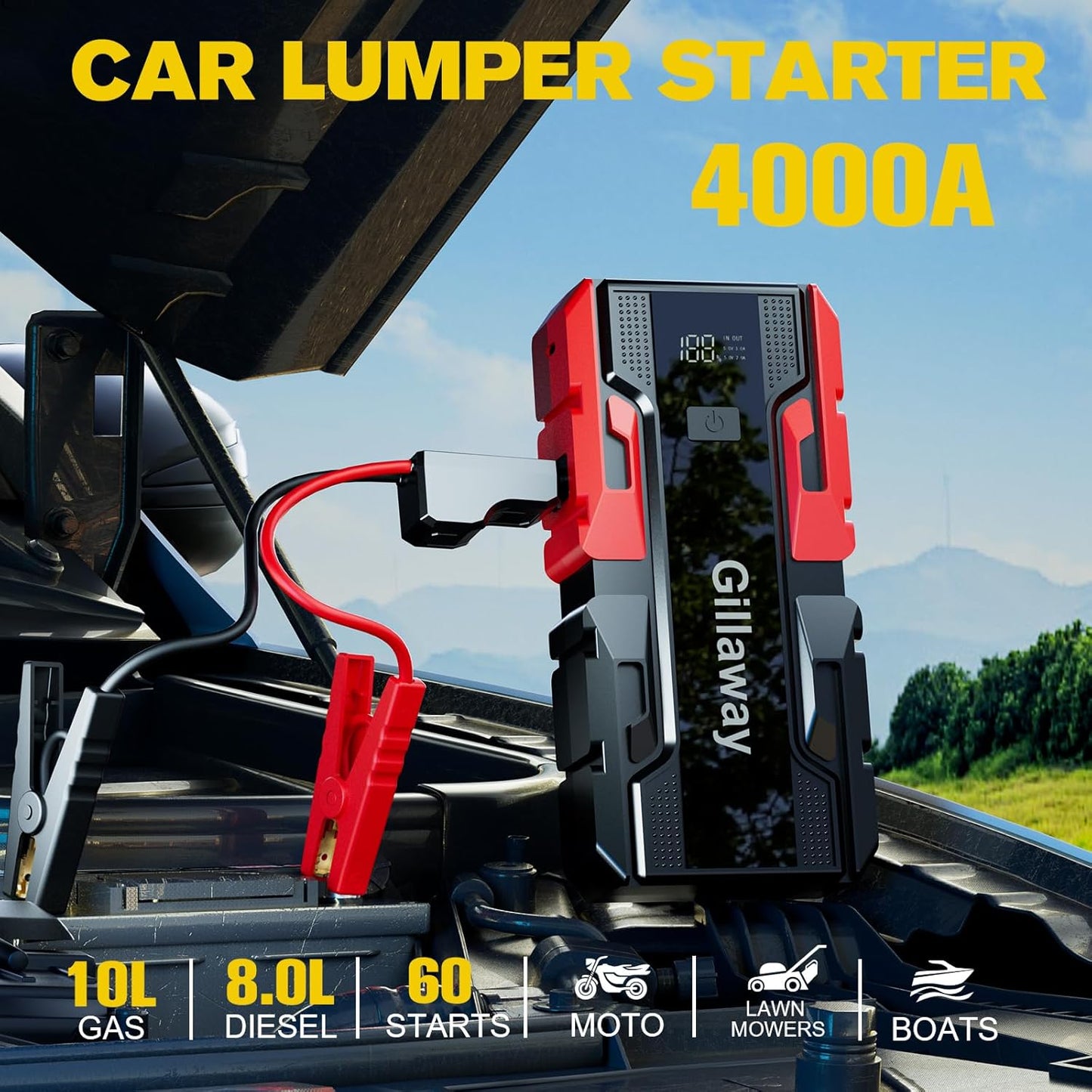 001B 4000A Car Jump Starter, Jump Starter Battery Pack for Up to 10L Gas and 8L Diesel Engines, Portable 12V Jump Box with USB Ports, LCD Display, Storage Case, LED Light