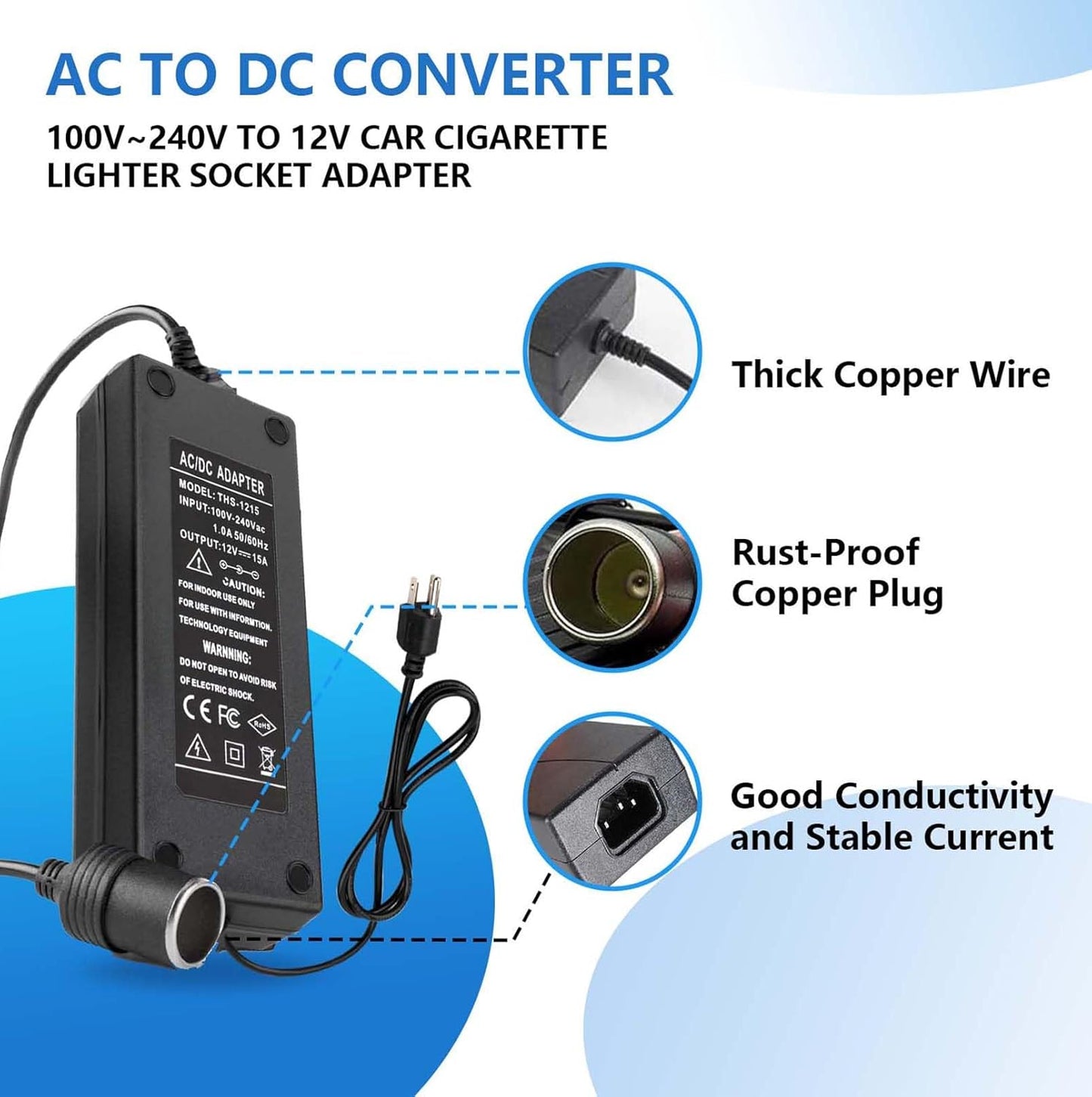 15A 180W 110V to 12V Converter AC to DC Converter 120 to 12 Volt Converter Car Cigarette Lighter Socket Adapter AC/DC Power Supply Adapter for Tire Inflator Car Refrigerator and Other Car Devices