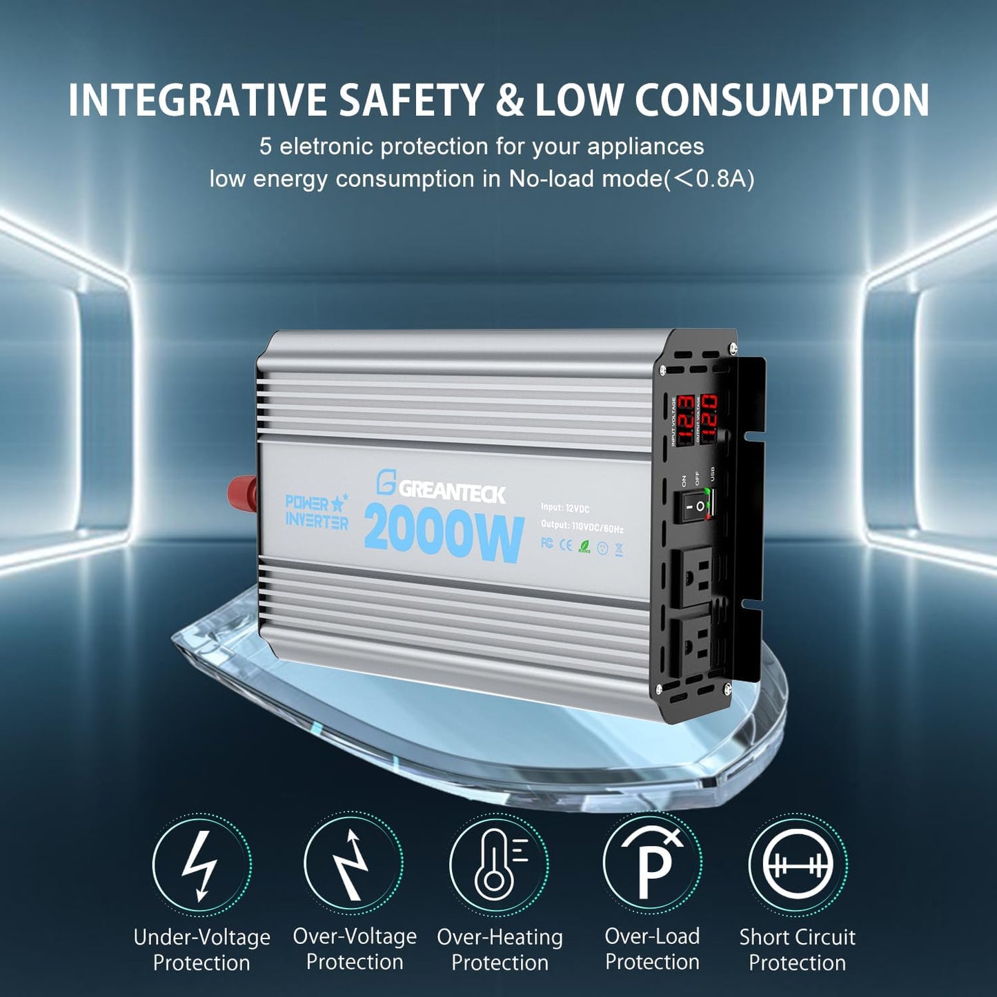 2000 Watt Power Inverter Modified Sine Wave, DC 12V to AC 110V 120V Converter with Dual Sockets, USB Port, LED Display for RV Truck Boat Solar Car Emergency Off Grid