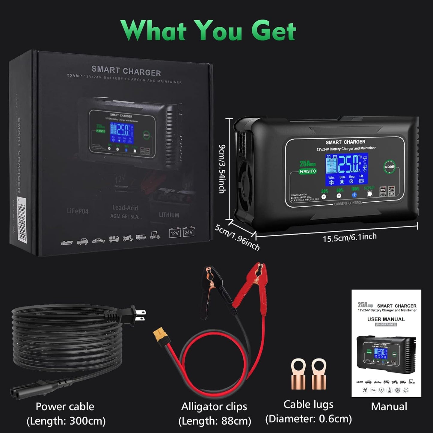 25 Amp Lithium Battery Charger, 12V and 24V Lifepo4,Lead-Acid(AGM/Gel/SLA..) Battery Charger,Battery Maintainer, Trickle Charger, and Battery Desulfator for Car,Boat,Motorcycle, Lawn Mower.
