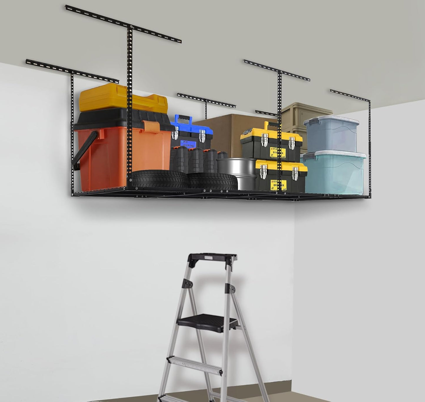 3 x 8FT Overhead Garage Storage Rack, Adjustable Ceiling Storage Racks, Garage Shelving Heavy Duty Storage Organizer System, 600lbs Weight Capacity (Black)