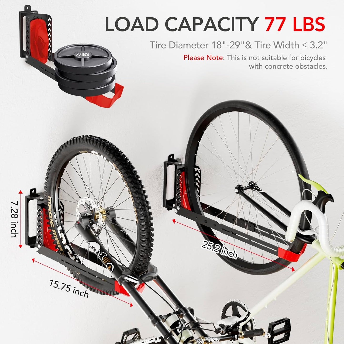 3-Pack Swivel Bike Rack Wall Mount, Bike Hangers for Garage, Space-Saving Vertical Bike Holder, Holds up to 77 lbs, Bicycle Wall Hanger Storage, No Heavy Lifting Required Indoor Hanging Bike Rack-Red