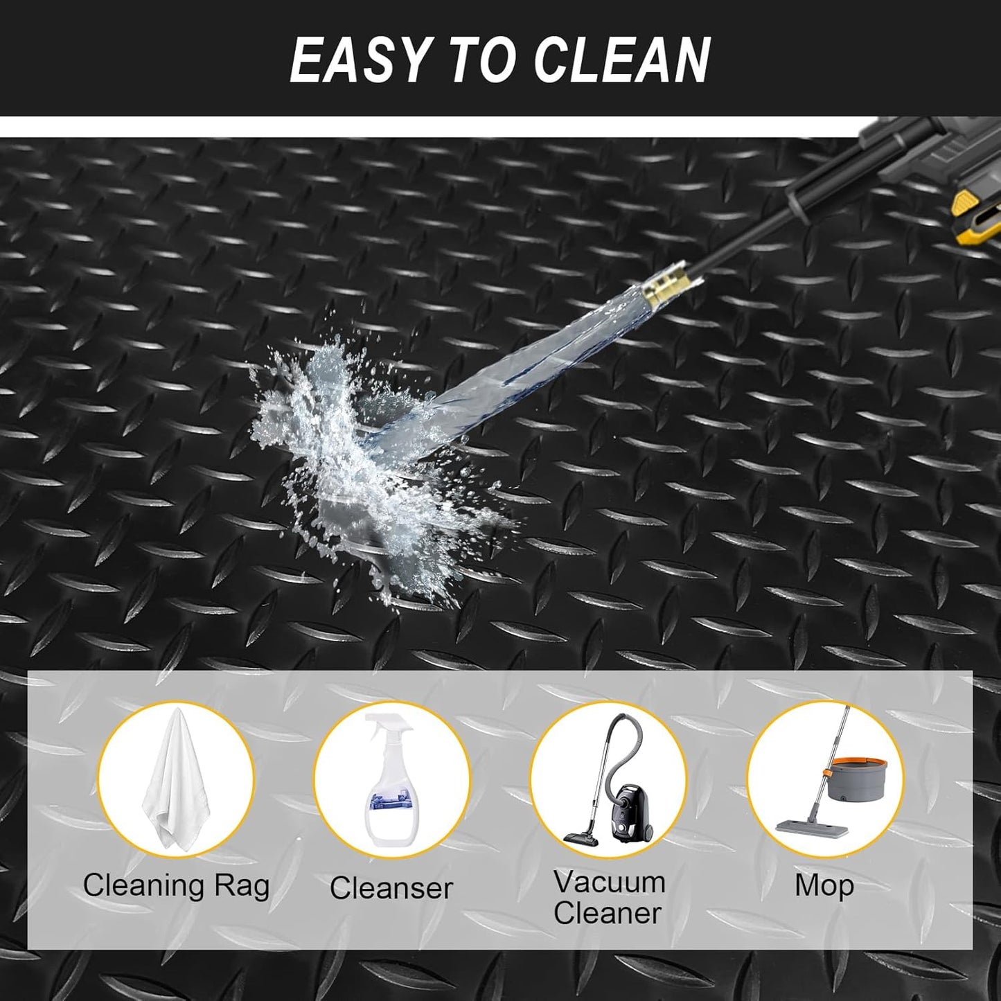 7.5x18 FT Garage Floor Mat, Flooring Roll with 20Pcs Tapes, 135 sqft Diamond Plate PVC Rubber Trailer Mat, Non-Slip Floor Mat for Garage, Warehouse, Gyms, Trailer, Pickup Truck (Black)