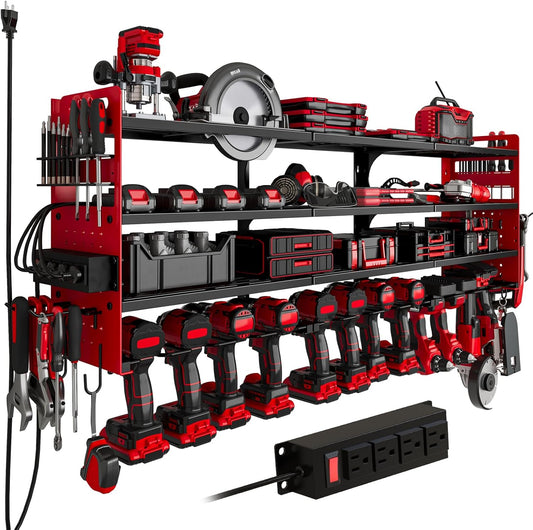 12 Cordless Drill Holder Large Power Tool Organizer Wall Mount with Side Pegboard & Screwdriver Holder, 4-Tier Heavy Duty Metal Tool Storage Rack with 4-Outlet Power Strip