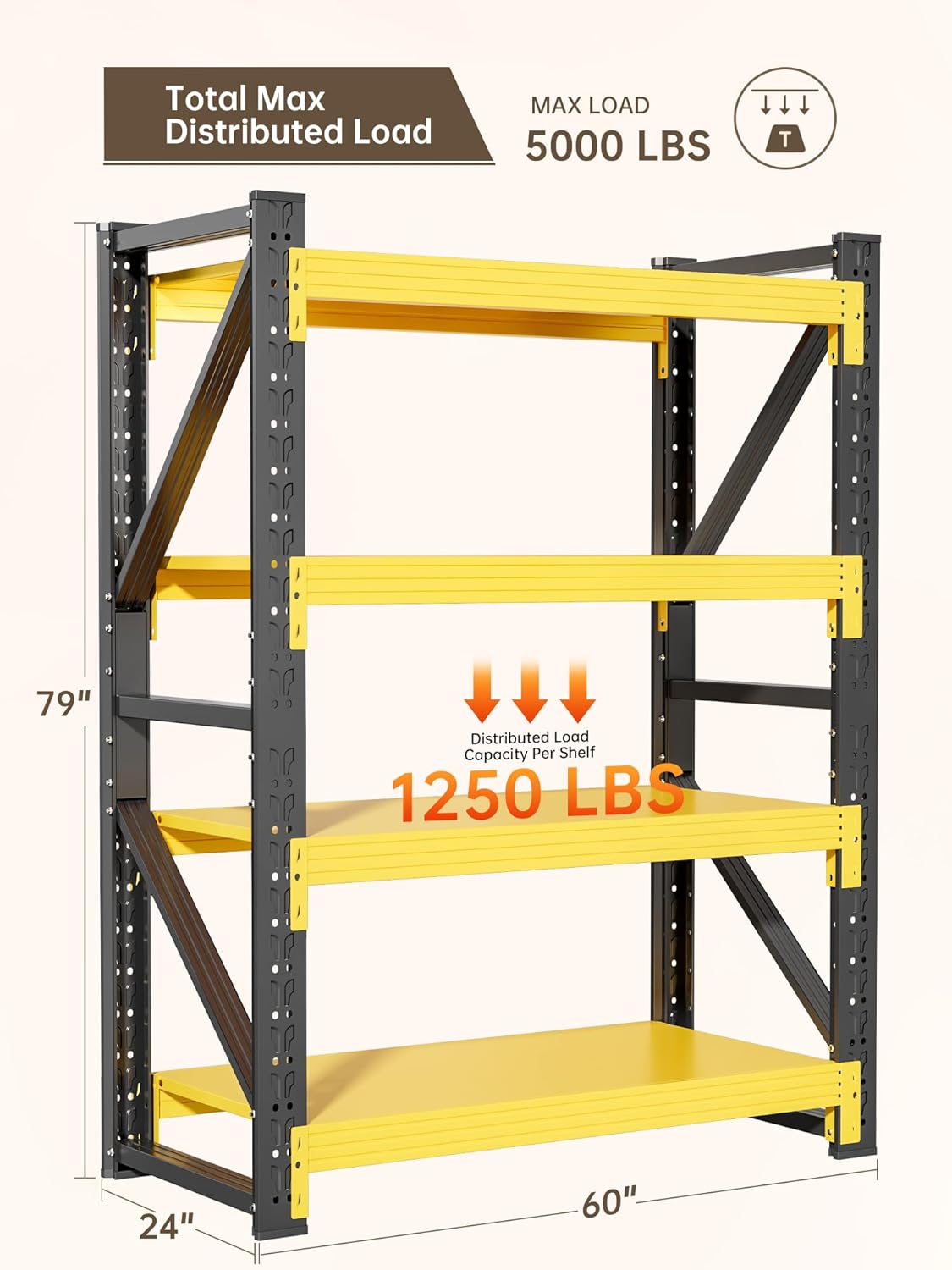 4-Tier Storage Shelves,79" H Heavy-Duty Garage Shelving Unit,Adjustable Industrial Metal Shelf System,5,000lbs Capacity,Tool Organizer for Garage,Workshop,60" W*24" D*79" H,Black&Yellow