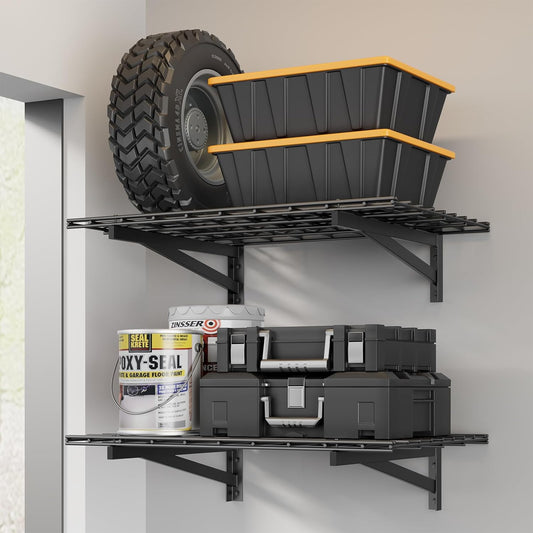 2 Pack Heavy Duty Garage Wall Shelving Set (2x3ft), Wall Mounted Garage Shelves 500lbs Capacity, 24"x72" Wall Shelf Storage Rack Floating Shelves, Black