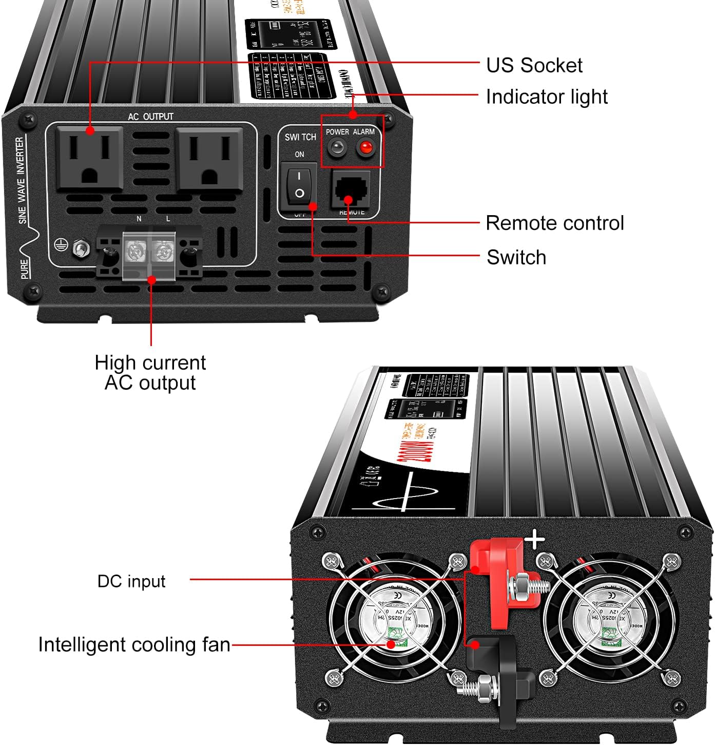 2000W (Peak Power 4000W) Pure Sine Wave dc to ac Inverter Remote Switch DC 24V to AC 120V 60HZ Solar Converter for Home car&Yacht (DC24V (Range 20V-30V) 2000W)