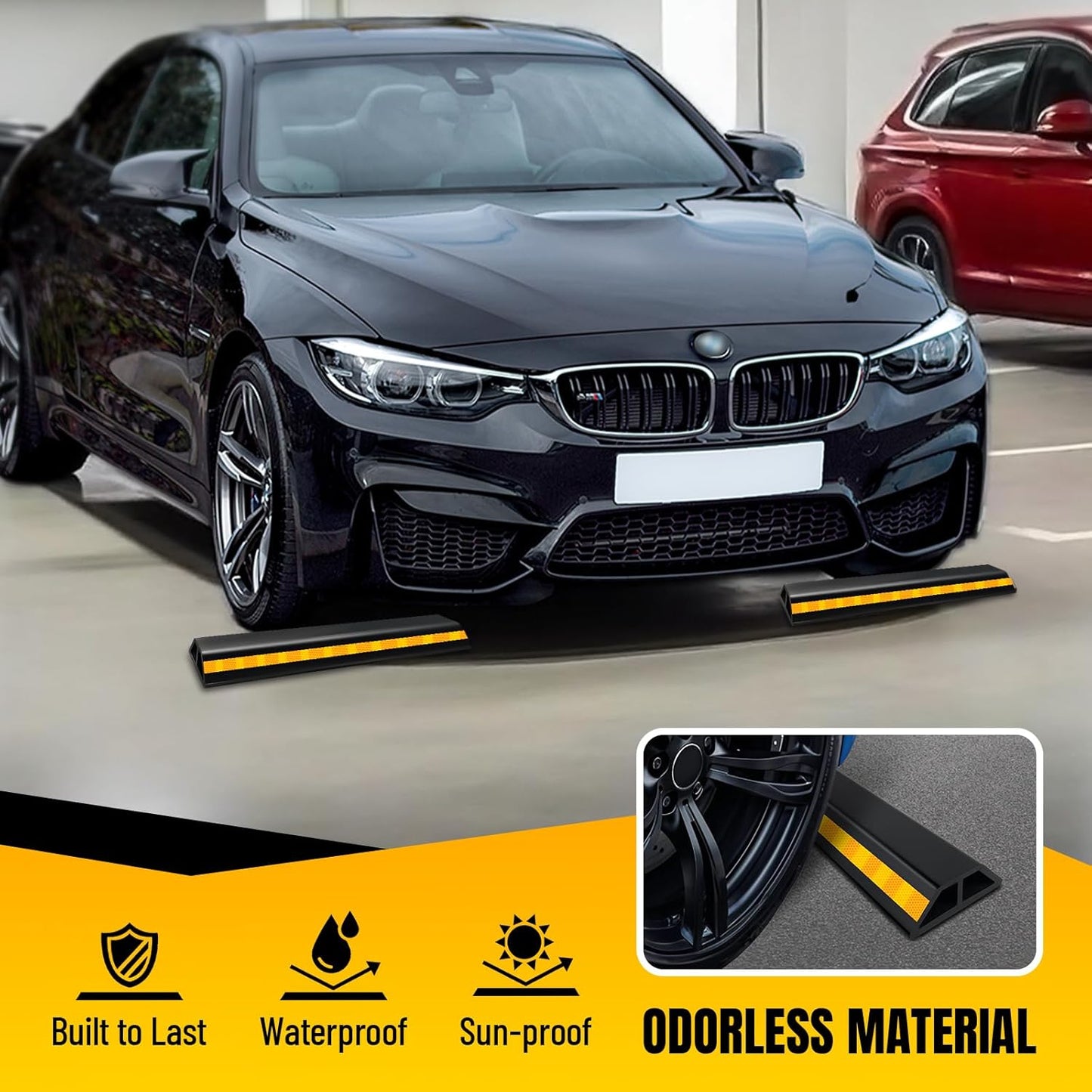 2 Pcs 18'' Heavy Duty Parking Aid for Garage, with Yellow Safety Stripes, Parking Gadgets Protects Car and Garage Walls, Parking Stopper Easy to Install 2 Packs