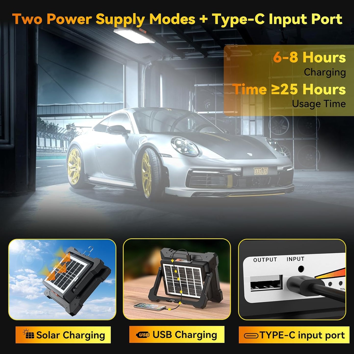 300W Led Work Light Rechargeable,26000MAh Solar Portable Light, 26000LM Magnetic Work Lights, 326 Led Battery Work Lights with Stand 5 Lights Modes IP66 Waterproof for Outdoor Camping Car Repairing