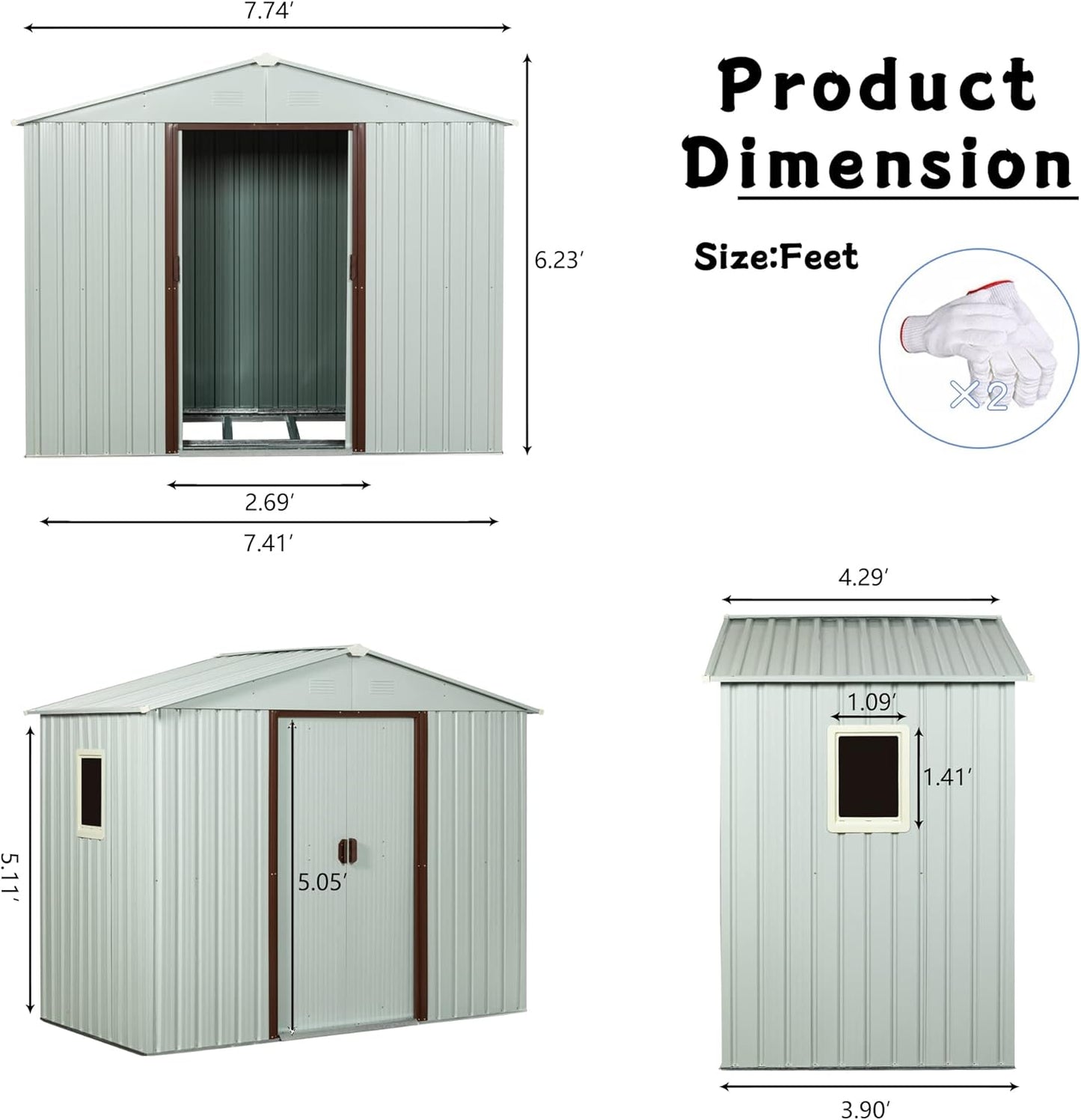8 x 4 FT Outdoor Storage Shed with Side Window, Metal Garden Shed w/Sliding Doors & Lock, Floor Base and Air Vents, Utility Tool Storage House for Backyard Lawn, White