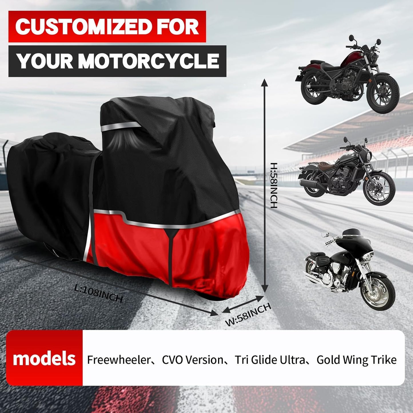420D Motorcycle Cover Suitable for Honda Cruiser Rebel 300 500 1100 and Shadow 750/ Vtx 1300 /Fury Waterproof Motorcycle Cover Easy to Clean Tear-Resistant Suitable for Outdoor Protection