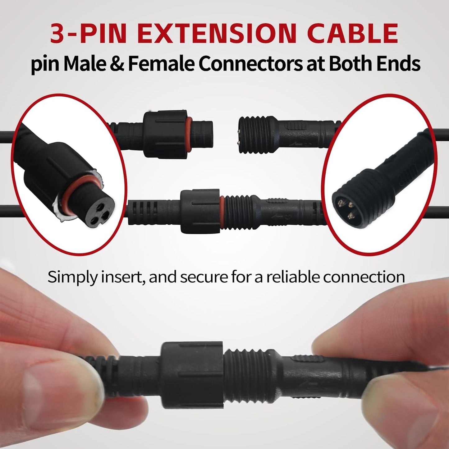 4 PCS 4FT 3 Pin RGB Rock Light Extension Wire, Design for Our Brand's Rock Lights, Other Brands Must Meet The Conditions of which Length of The Male Plug is 0.24 Inches and The Female is 0.39 Inches
