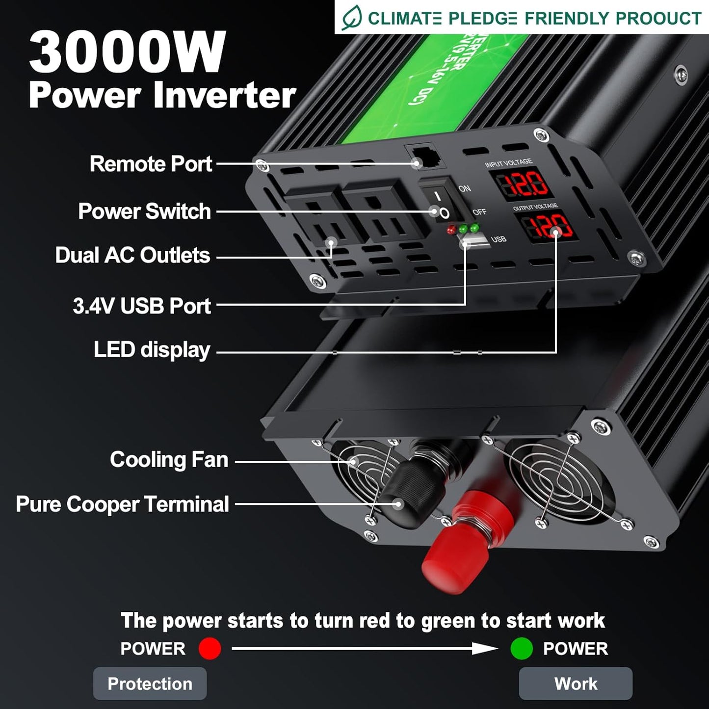3000W Power Inverter,Peak Power 6000W 12V DC to AC 110V120V,Remote Control with 2AC Outlets and 2.4USB Port,LCD Display for Power Converter,Outdoor Activities,Emergency,Vehicles Truck RV Solar System