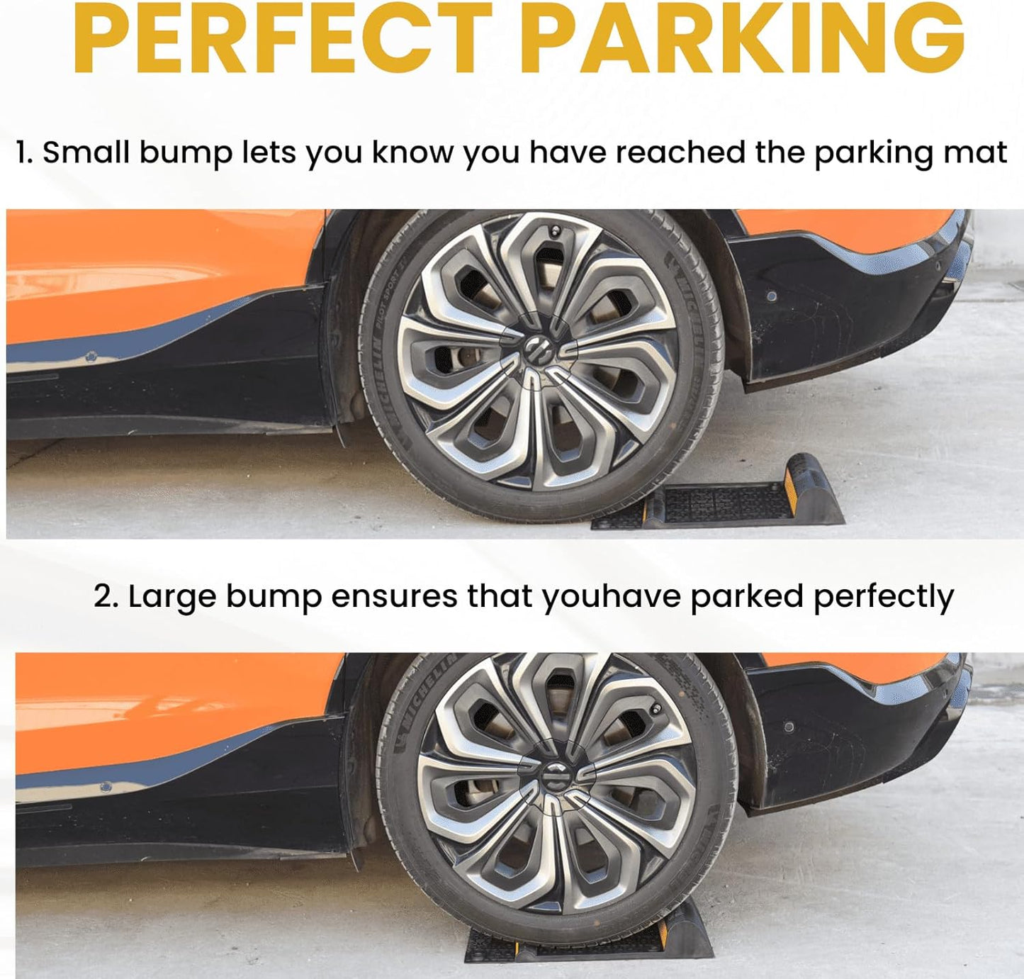 22" x 11.5" Rubber Parking Guide Mat, Heavy-Duty Wheel Stoppers with Reflective Stripes, Anti-Skid Garage Parking Mats, Self-Adhesive Vehicle Stoppers for Cars, Trucks, SUVs, Indoor/Outdoor (4)