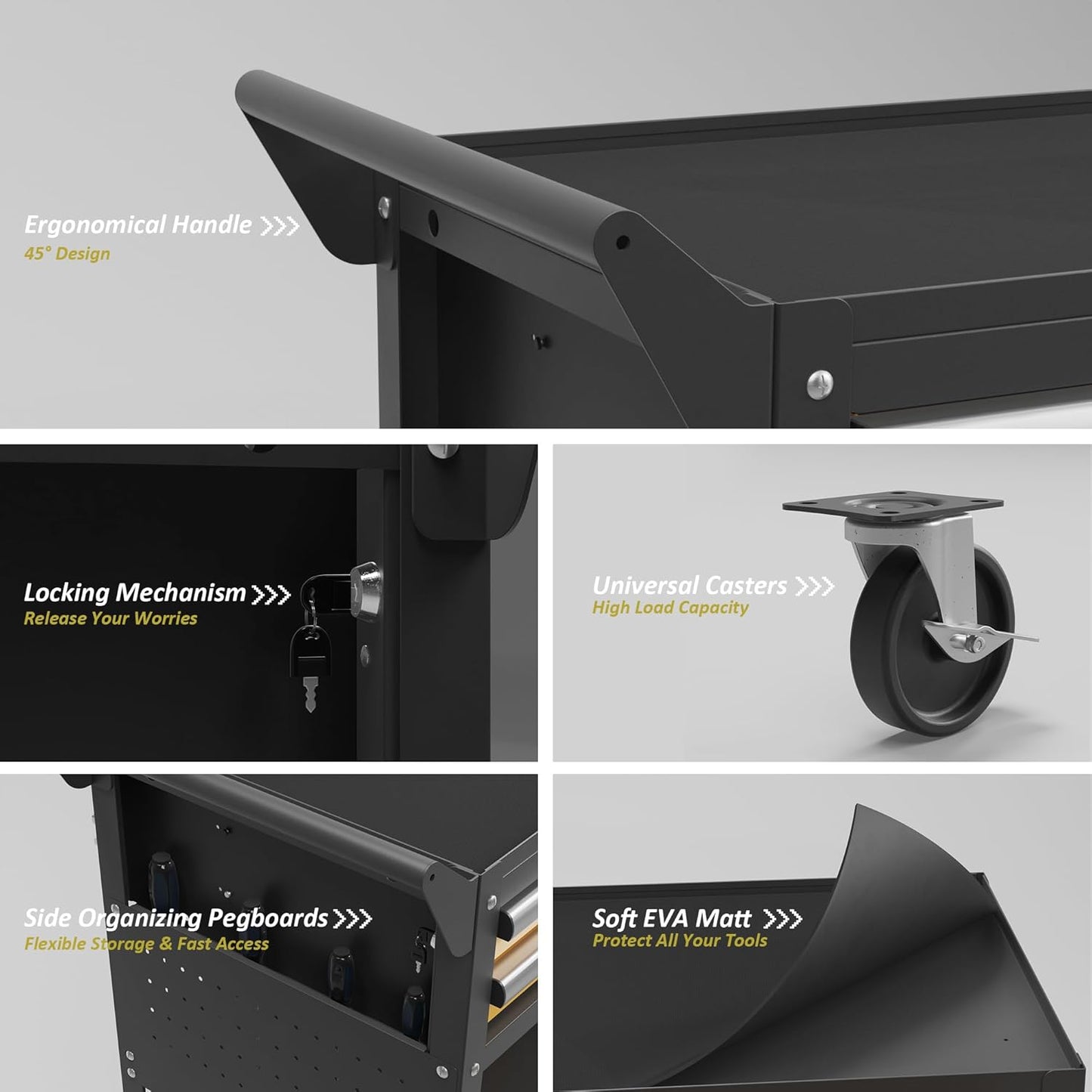 5-Tier Rolling Tool Cart on Wheels, Tool Storage Organizer for Mechanic, Heavy Duty Utility Cart with Drawers, Pegboards, Locking System, Suitable for Garage, Workshop, Warehouse