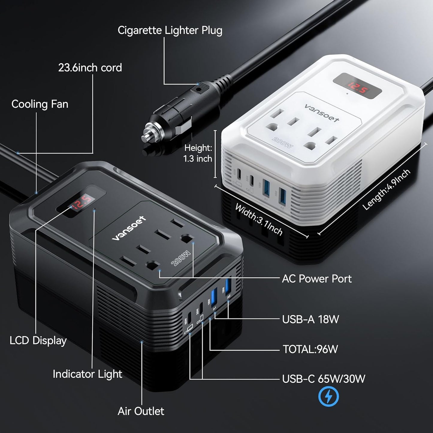 200W Car Power Inverter DC 12V to 110V AC Inverter with PD 65W/30W USB C & 2 QC 18W USB Ports & 2 AC Outlets,Car Pluɡ Adapter Outlet for Laptop/Phone/Road Trip