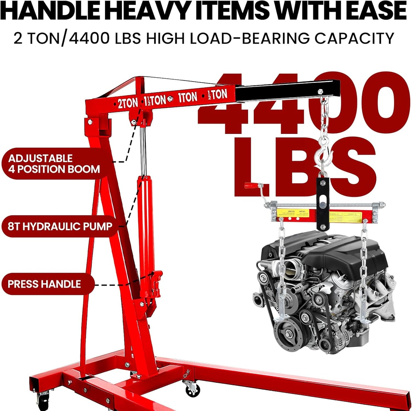 4400 Lbs Folding Cherry Picker, 2 Ton Engine Hoist with Lever, with 6 Casters, 8 Ton Hydraulic Pump 4 Adjustable Position, Engine Crane for Garage, Workshop, Repair, Red