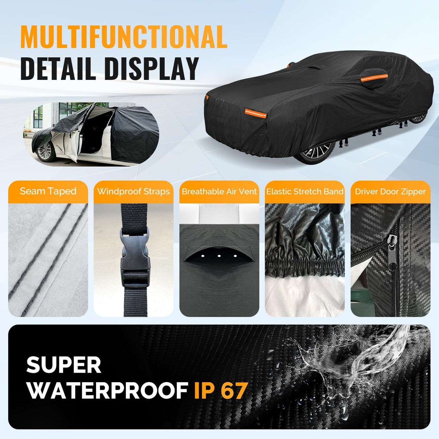 30 Layers Car Cover for Automobiles All Weather Waterproof, Outdoor Snowproof UV Protection Windproof, Door Zipper, Soft Cotton, Heavy Duty Universal Car Covers, (Black, Fit Sedans 181"-190")