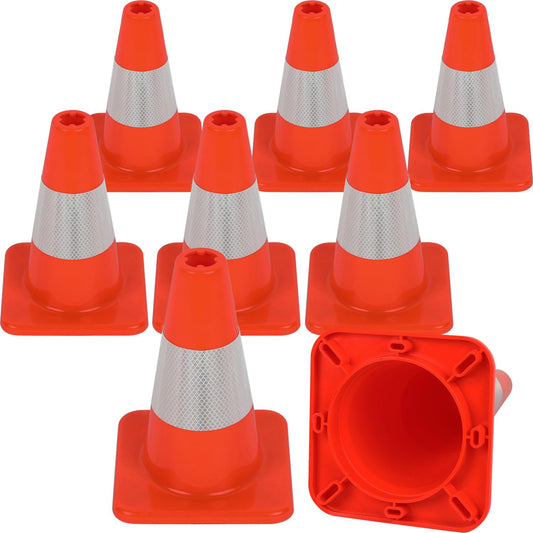 8 Pack All-PVC 1-Piece Traffic Cones, 360° Visible Fluorescent Orange-Red, No Base Separation for Parking, Sports, Driving Training, Construction Events