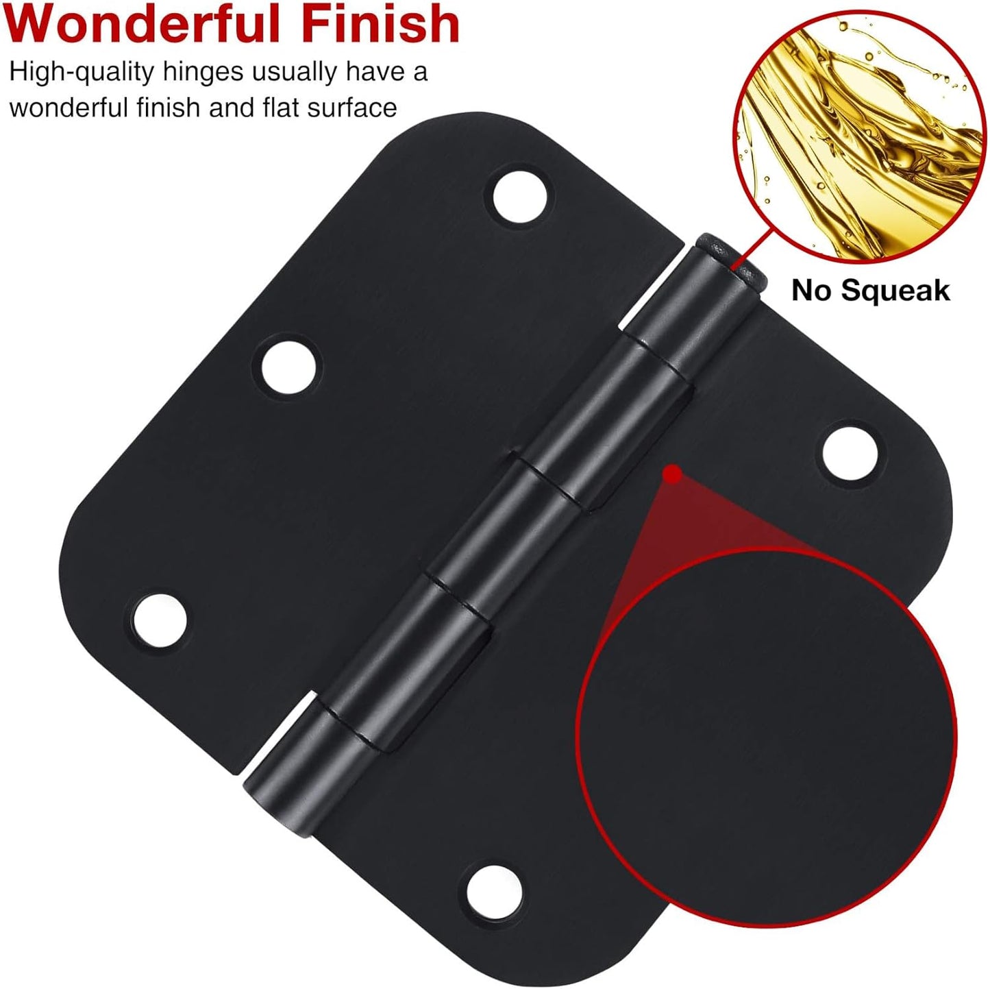 3 Pack Interior Matte Black Door Hinges Rounded 3.5 Inch x 3 1/2" Indoor Heavy Duty Metal Hardware Kits 3 ½" 5/8" Radius Office Flat Hinge for Bifold Doors Decorate Master Guest Bedroom Storage Room