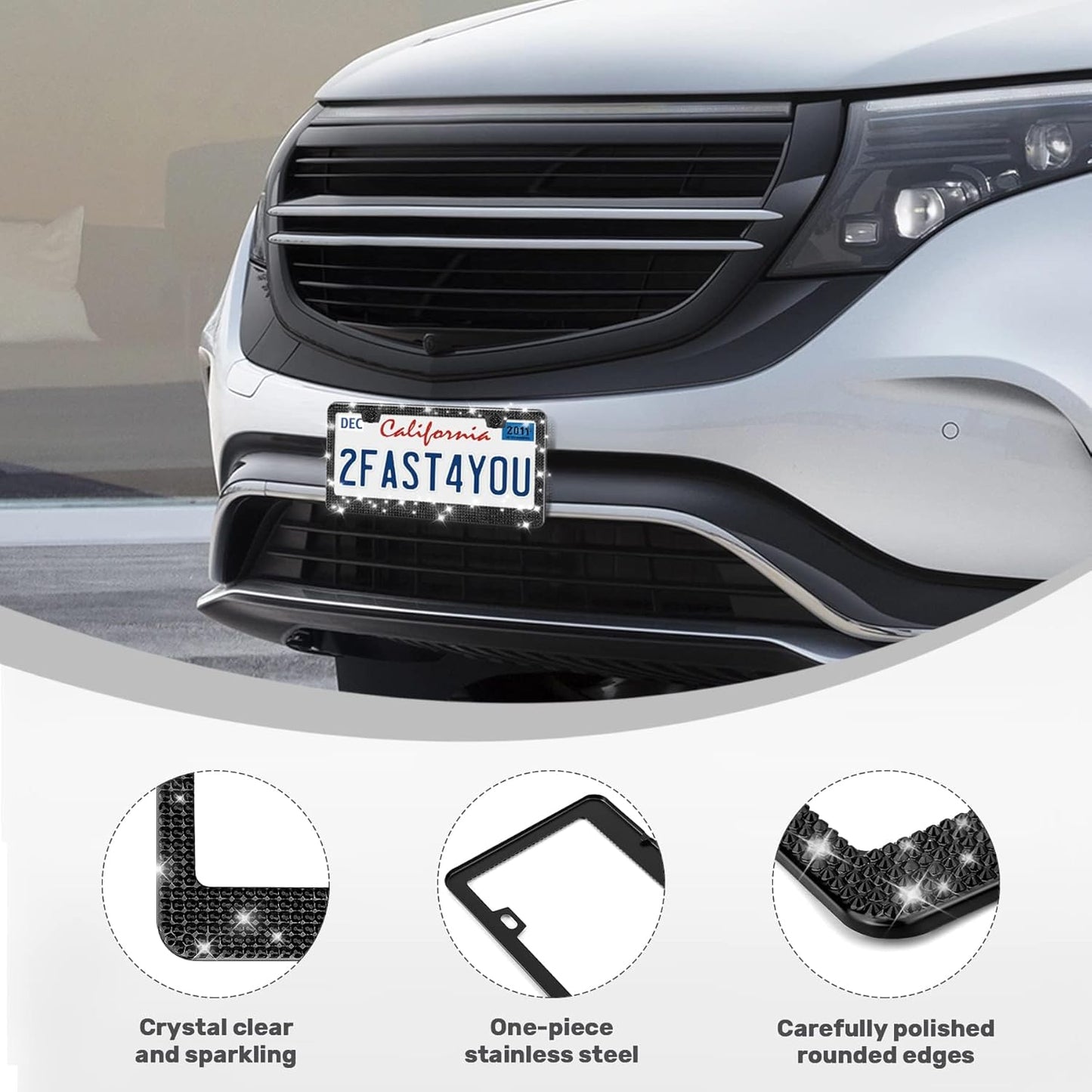 2 Pack License Plate Frames for Women, Sparkly Rhinestone Diamond Car Accessories with Glitter Crystal Caps (Black (2PCS))