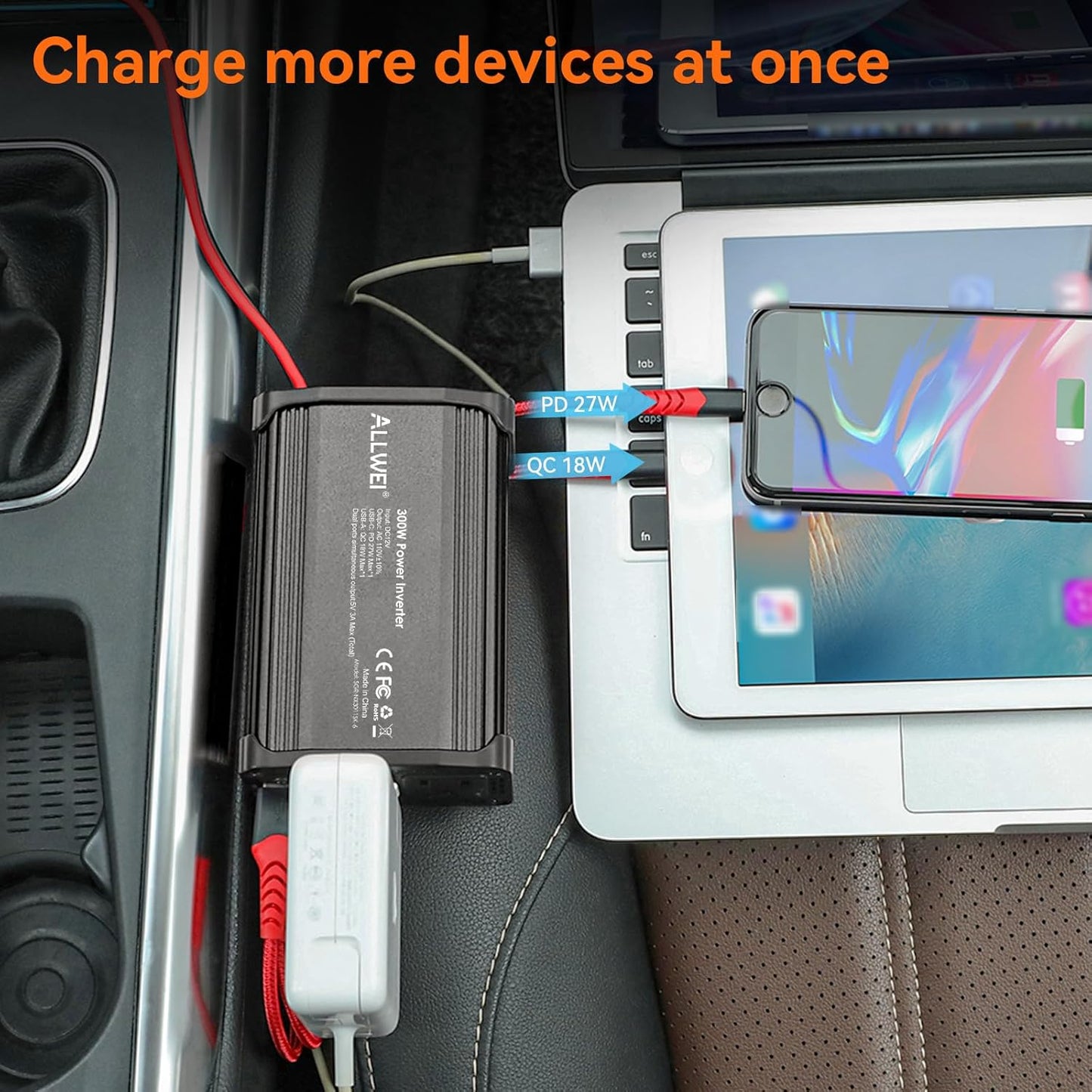 300W Car Power Inverter 12v to 110v, Car Plug in Adapter Outlet with PD 27w USB-C and Fast Charger 18w USB-A, Car Outlet Adapter, Car Converter to Outlet Plug, Power Inverters for Vehicles (Black)