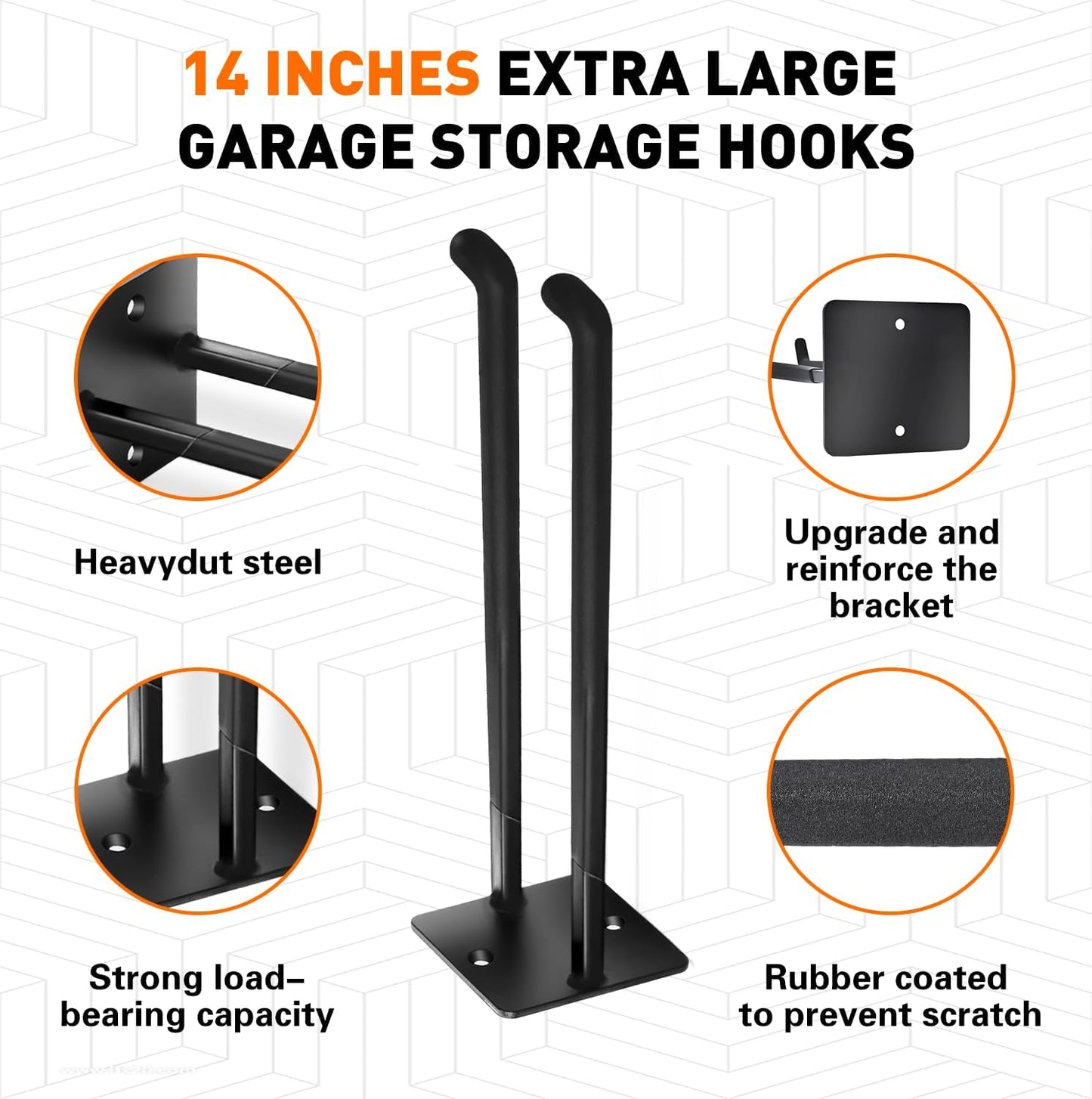 14 Inches Garage Hooks Heavy Duty, Extra Large 4Pcs Heavy Duty Garage Hooks,Duty Wall Mount Organizer for Hanging Yard Tools,Car Tires, Ladders,Chairs (Black)