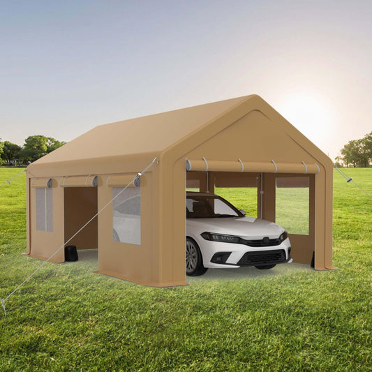 10x20FT Portable Garage, 10'x20' Carport Heavy Duty, Galvanized Frame & 180 g PE Waterproof Canopy, with 4 Doors (Included 2 Side Doors), and 4 Windows, for Pickup Truck, and Boat