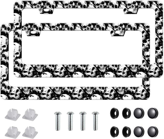 2Pack of Skull License Plate Frames Horror Skull Car Decor Accessories,Metal Black and White Skull License Plate Frame Cover Tag Holder Bracket