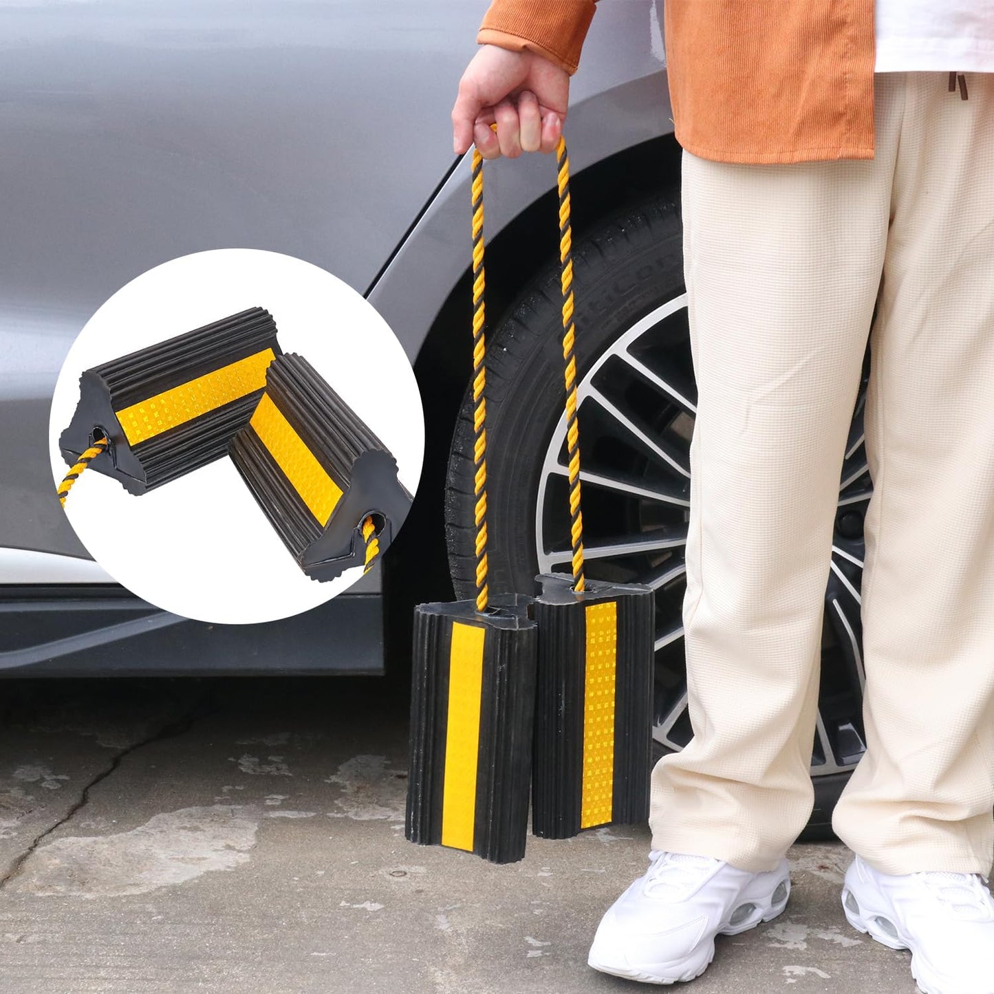 2 Pair Wheel Chocks for Travel Trailers, Rubber Tire Stopper Blocks with Rope, Rubber RV Wheel chocks Blocks, Trailer Wheel Chocks, Ideal for Travel Trailers, RVs, Cars & More