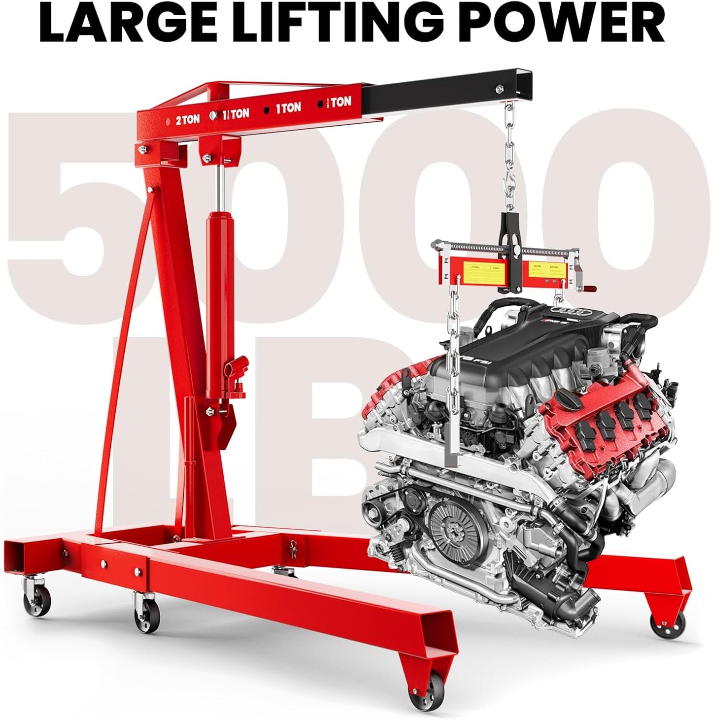 5000 LBS Engine Hoist with Load Leveler, Heavy Duty Alloy Steel Folding Cherry Picker Engine Hoist with 8 Ton Hydraulic Long Ram Jack, Ease of Assembly 2 Ton Engine Hoist for Workshop Warehouse Garage
