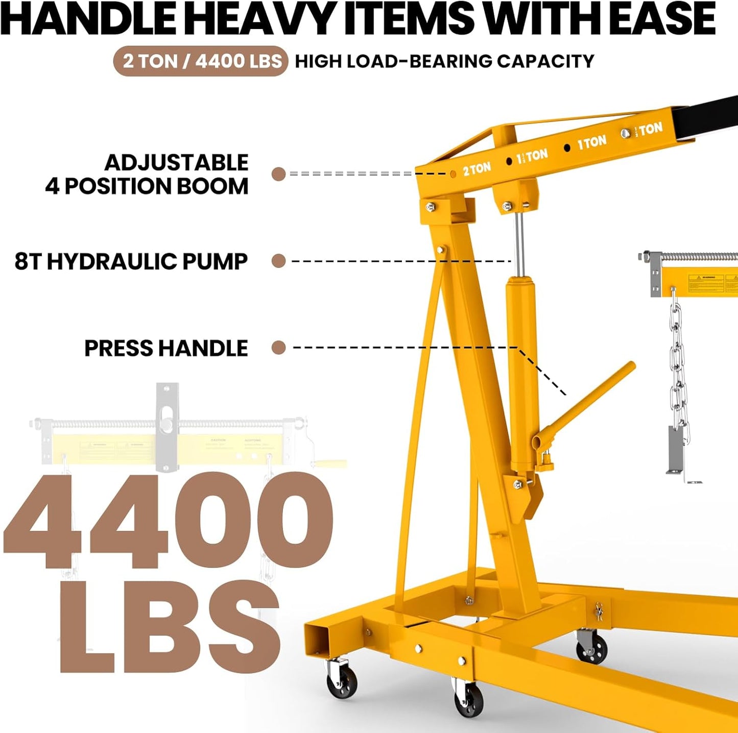 2 Ton Engine Hoist with Leveler 4409 LBS Folding Cherry Picker Engine Hoist, Heavy Duty Hydraulic Engine Crane with 8 Ton Hydraulic Pump and 6 Casters, Engine Hoist Lever for Engine Lifting Loading