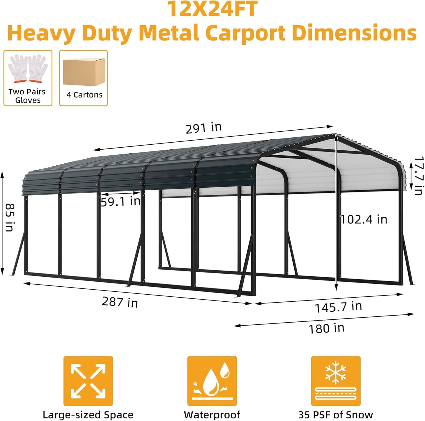 12 x 24 FT Metal Carport with Galvanized Steel Roof, Heavy Duty Metal Roof Carport with Enhanced Base, Tall Kits Garage for Tractors, Trucks, Boats, Cars