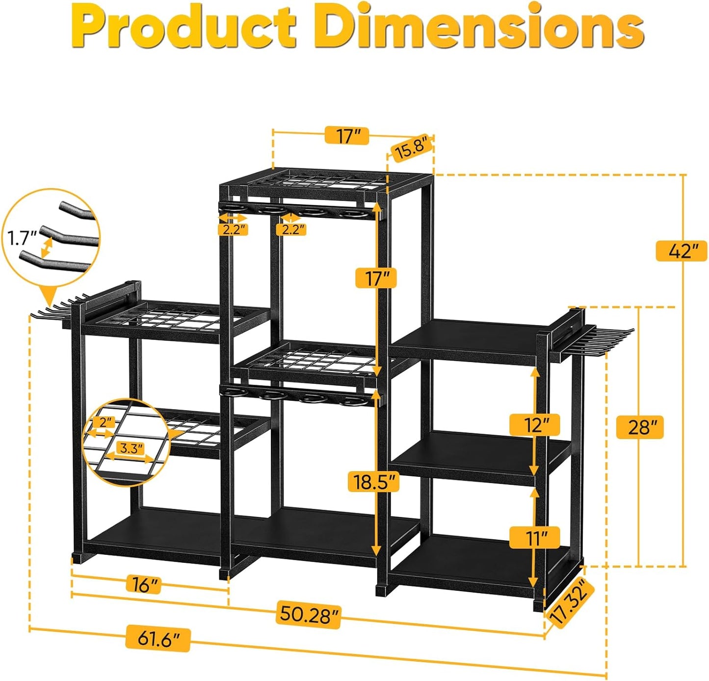42" H Large Garden Tool Organizer, Holds Up to 86 Tools, Heavy Duty Yard Tool Organizer for Garage, 61“ Wide Lawn Freestanding Tool Storage Rack for Outdoor Shed Tool Rake, Shovel, Brooms