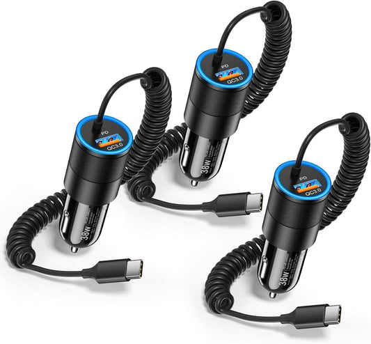 3-Pack USB C Car Charger,38W Fast Charging Car Phone Charger+3.5FT Type C Coiled Cable,PD&QC 3.0 Car Charger Adapter Compatible with iPhone 16/15 Plus/Pro/Max,Galaxy S24 S23 Ultra,iPad,LG