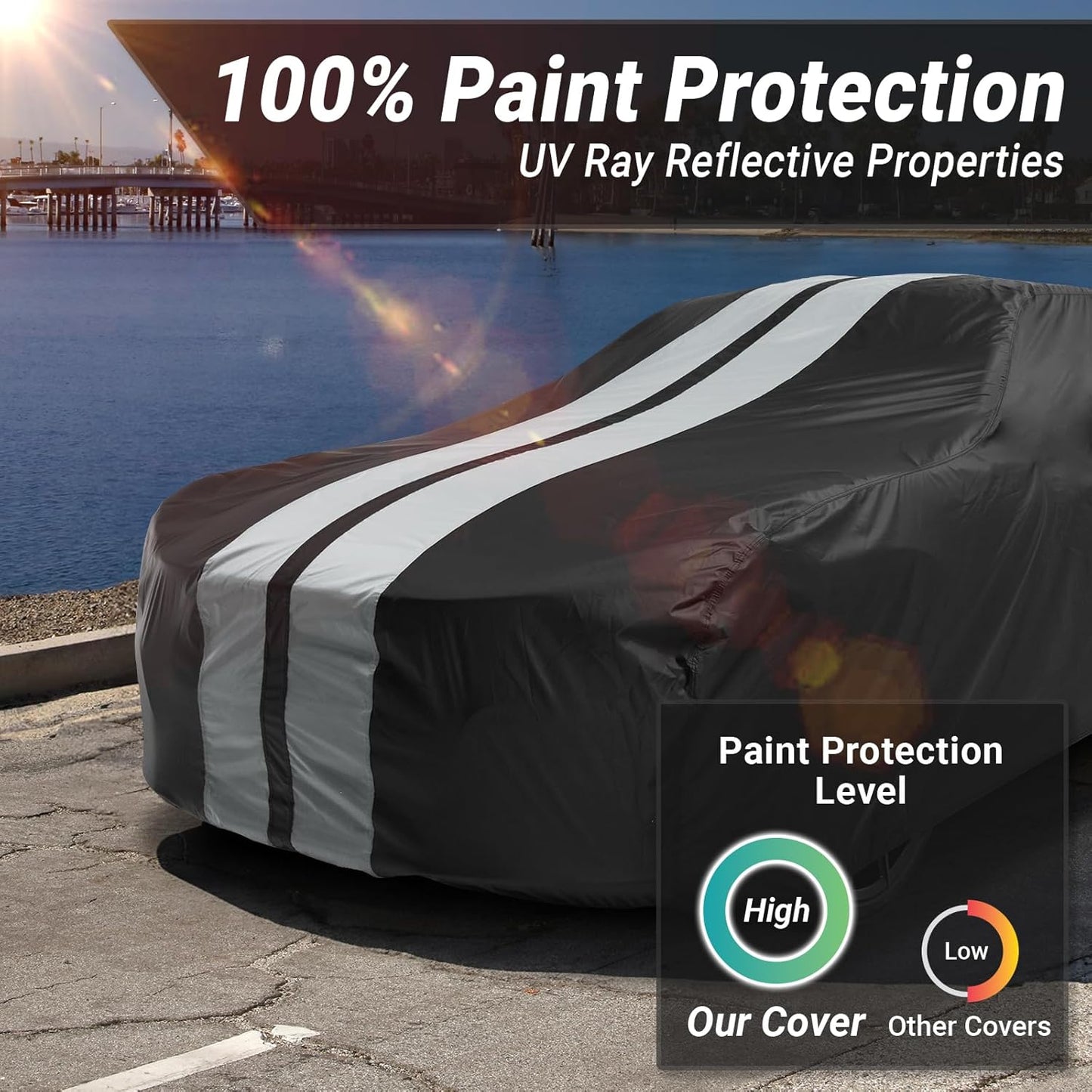 iCarCover Custom Car Cover for Pontiac Lemans (1961-1962) Waterproof All-Weather Rain Snow UV Sun Protector Full Exterior Indoor Outdoor Car Cover (Stripe - Black/Gray)
