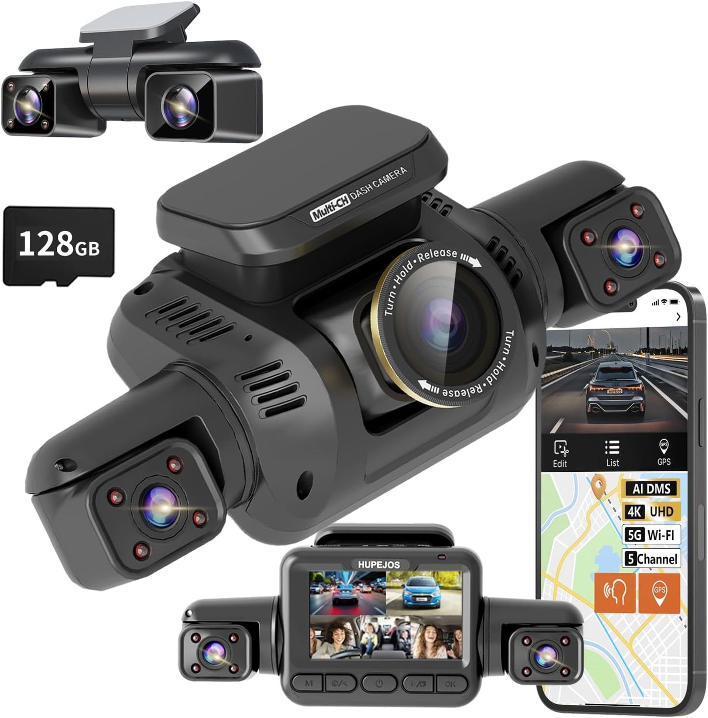 360° View 5 Channel Dash Cam Front and Rear with AI Driver Monitor System DMS, 4K Dash Camera for Cars, Built-in GPS WiFi Night Vision, Dashcam with 128G Card, 24/7 Parking Monitor Mode, V8 Ultra-5CH