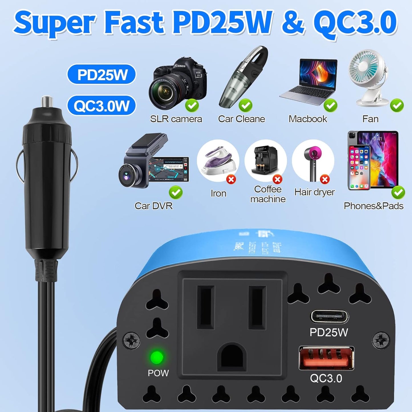 150W Car Power Inverter DC 12V to 110V AC Car Plug Outlet Adapter with PD 25W USB C & QC3.0 Car Laptop Charger-Blue