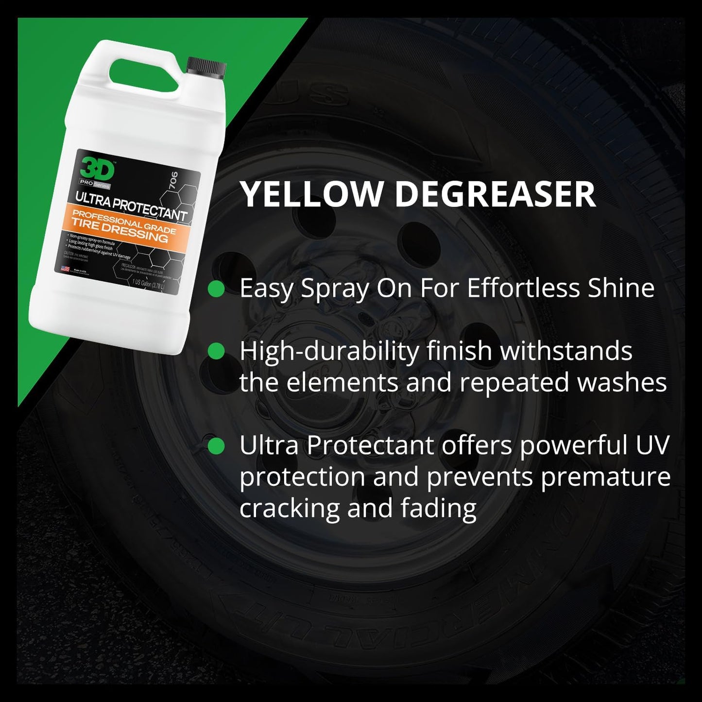 3D Ultra Protectant Tire Shine Spray – Water-Based High Gloss Tire Dressing | Long Lasting UV Protection for Rubber & Vinyl | No Sling | Made in USA |1 Gallon