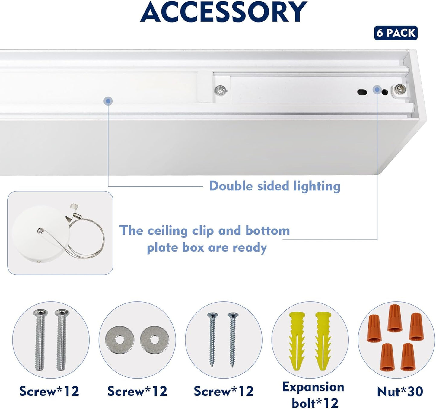 6PK 4FT LED Linear Light, 40W Down 15W Up Light, 3000/3500/4000/5000K CCT Selectable, Commercial Linear Lighting Fixture for Office, Dimmable Suspended Shop Lighting