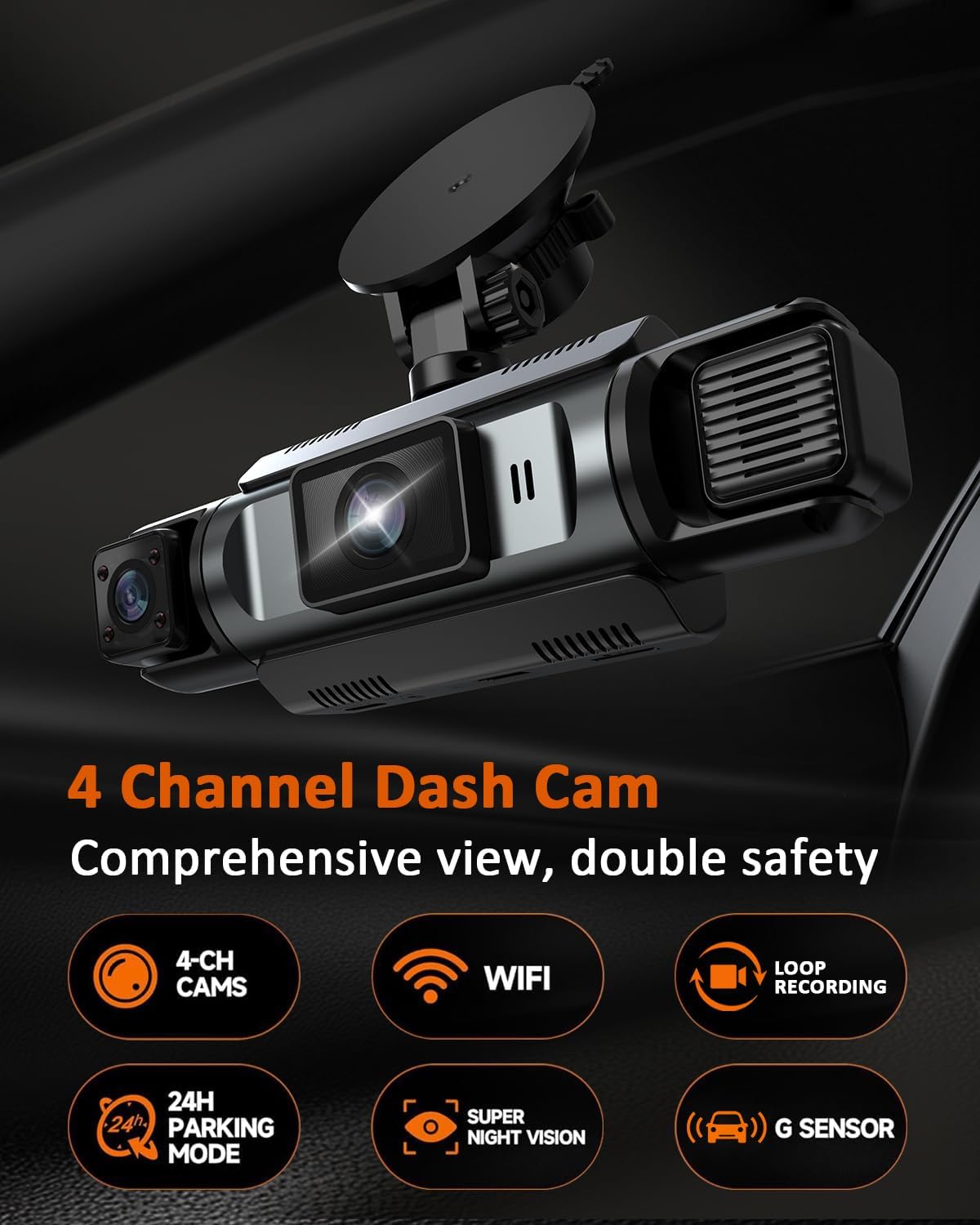 4 Channel WiFi Dash Cam with 32GB Card, 4 * 1080P Dash Camera for Cars Front and Rear Left Right,3”IPS Screen Dashcam with 360° Surveillance APP Control, 24H/7 Parking Mode,Night Vision G-Sensor