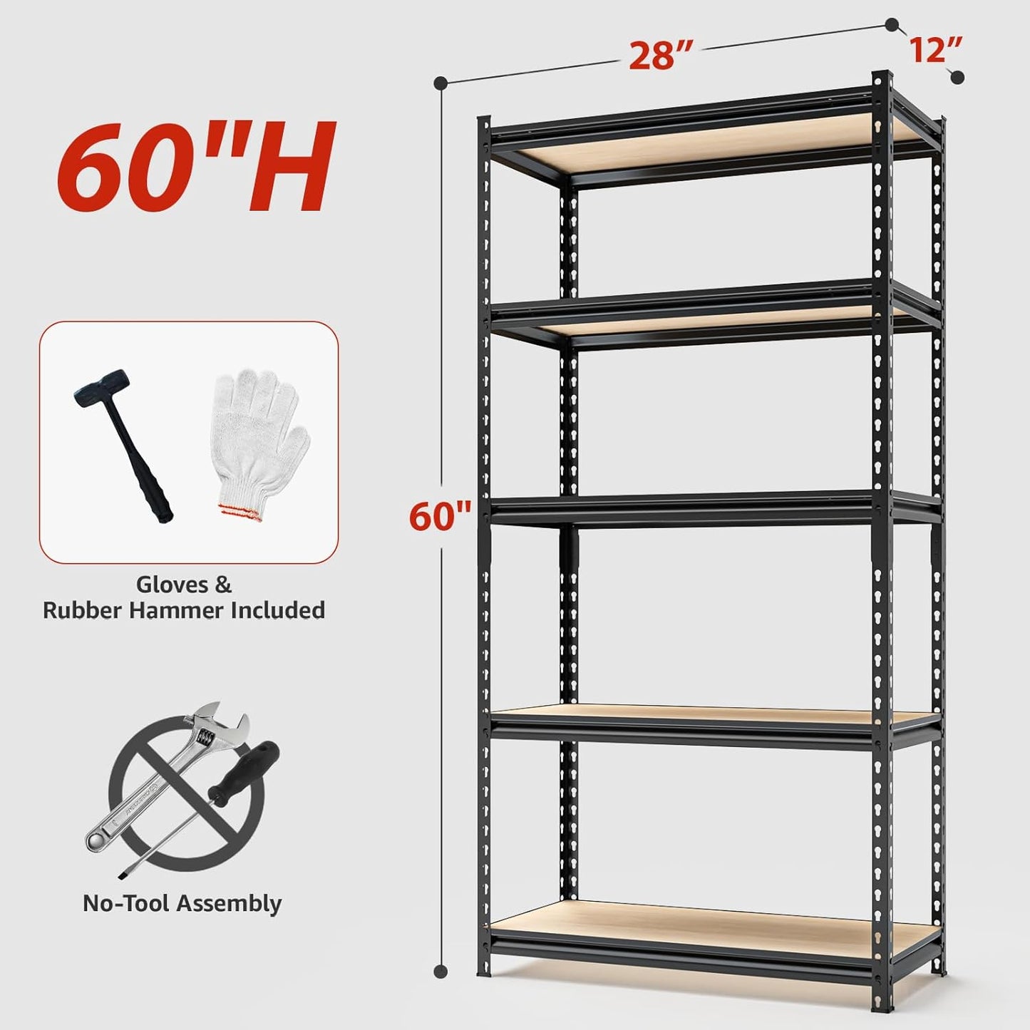 5-Tier Adjustable Metal Storage Shelves Heavy Duty Garage Shelving, 60" H x 28" W x 12" D Shelving Unit Rack for Kitchen, Classroom, Dormitory, Basement & Warehouse