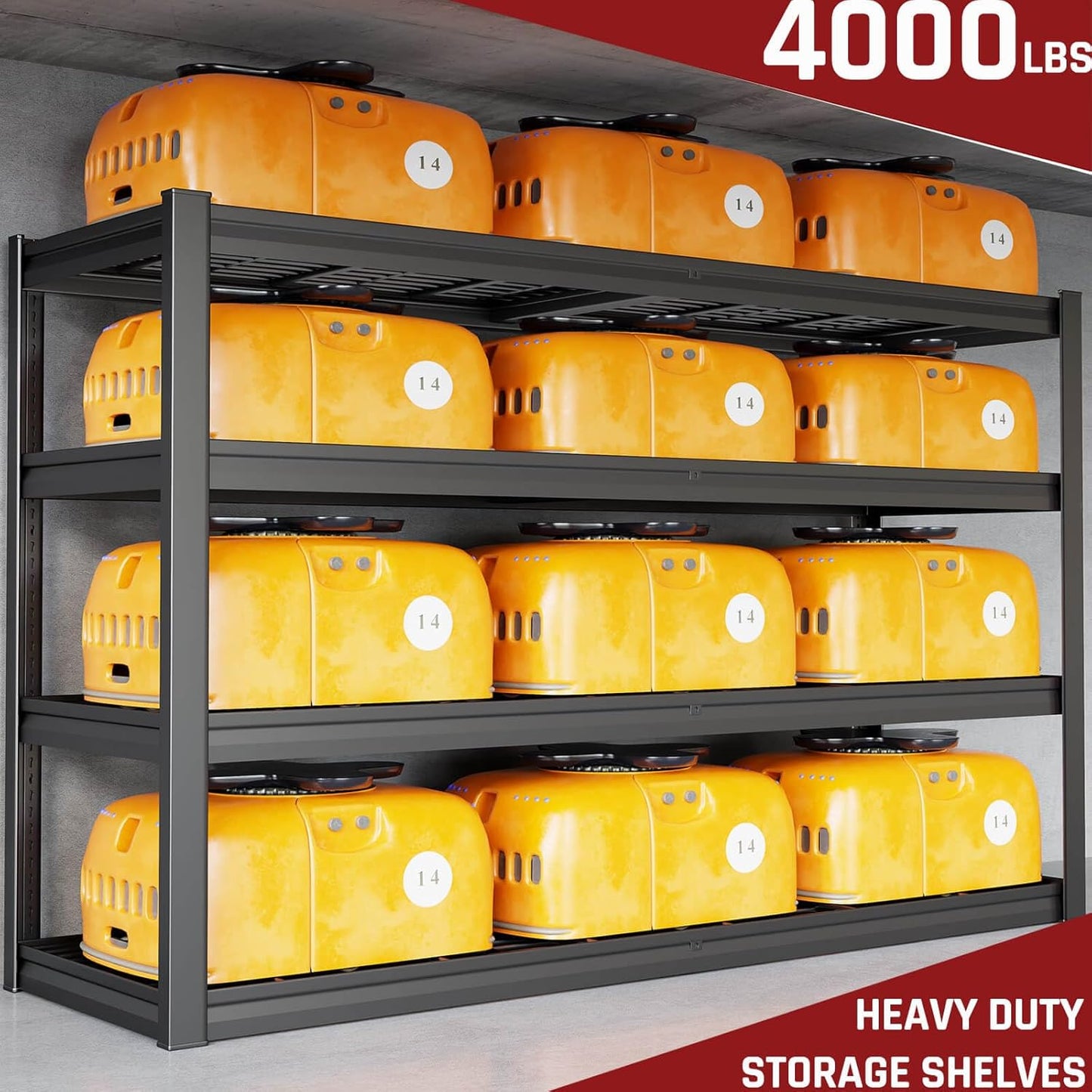 68" W Garage Shelving Unit, 68" W x 24" D x 68" H, Heavy Duty Garage Storage Shelves, 4 Tier Storage Rack Shelf, Industrial Adjustable Shelves for Basement Warehouse, 2 Pack