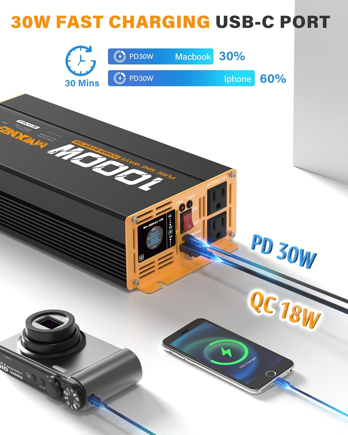 1000W Pure Sine Wave Power Inverter 12V DC to 110V 120V AC Converter with 2 AC Outlets, QC3.0/PD30W Fast Charging USB Ports, LCD Display and Remote Control, Car Inverter Adapter for Vehicles