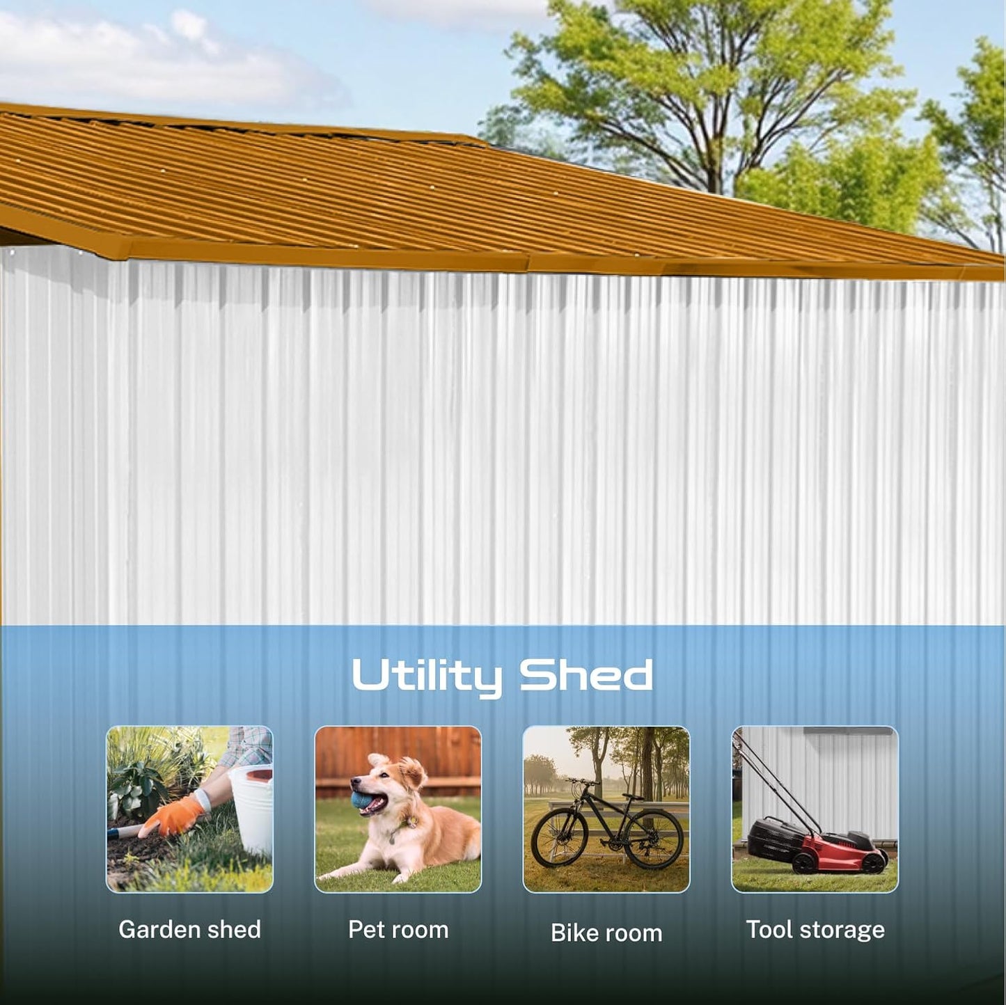 10 x 12 FT Outdoor Storage Shed, Metal Garden Tool Shed with Slooping Roof, Lockable Doors and Windows, Easy to Assemble for Garden, Patio, Lawn, White+Yellow