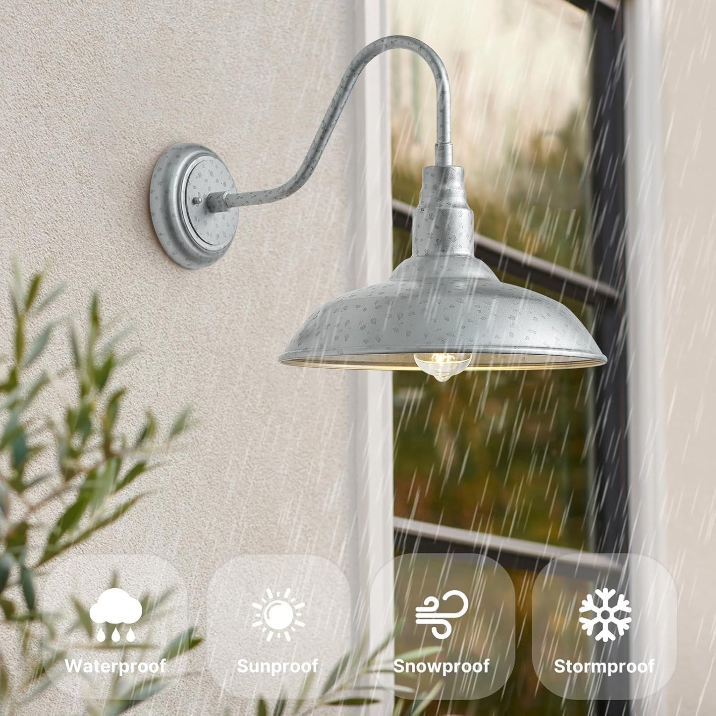 10'' Dome Outdoor Gooseneck Barn Light, Galvanized Steel Exterior Wall Lantern Farmhouse Style Outdoor Porch Wall Sconce for Patio, Yard, Garage 1 Pack Gooseneck Lighting Fixture, LM2201-SV