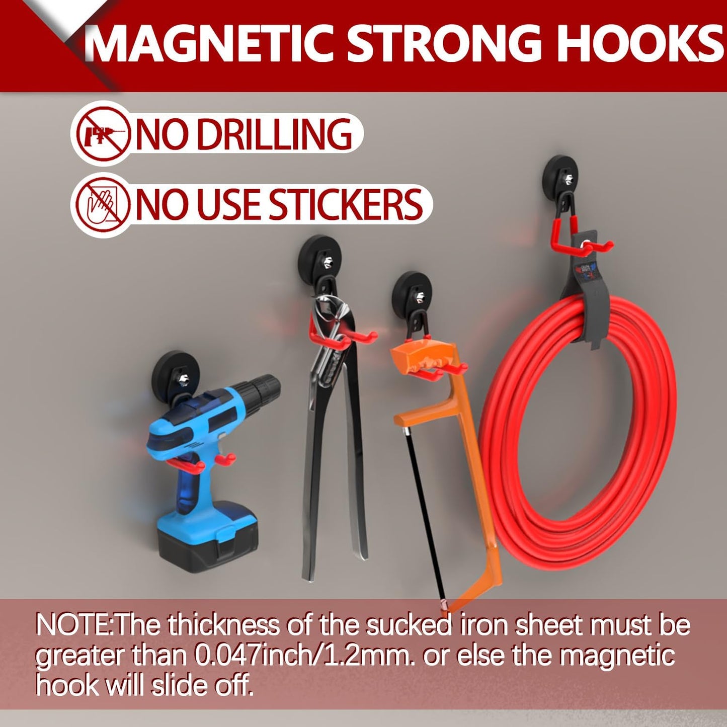 3-H Heavy Duty Magnet Garage Hooks 2 Pack, Large Strong Magnetic Hooks for Hanging Cordless Power Drill, Utility Magnetic Tool Holder for Metal Cabinet, Steel Pegboard, Toolbox, Garage(Red)