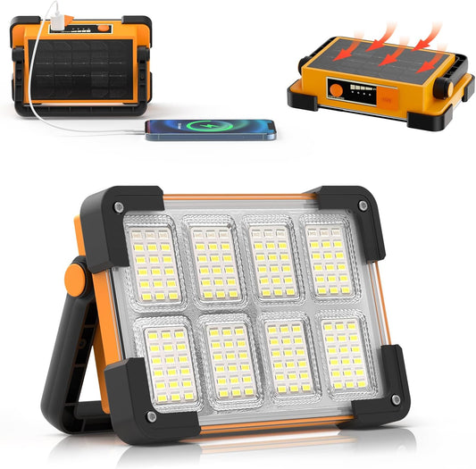 120W Solar Rechargeable Work Light, 144 LED 10000LM Led Work Light with 4 Modes, Portable Flood Light with Stand, IP66 Waterproof Outdoor Working Light for Emergency Mechanic Camping Repair (Yellow)